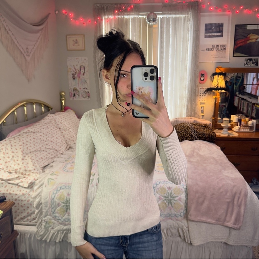 Y2K Cream V-Neck Sweater